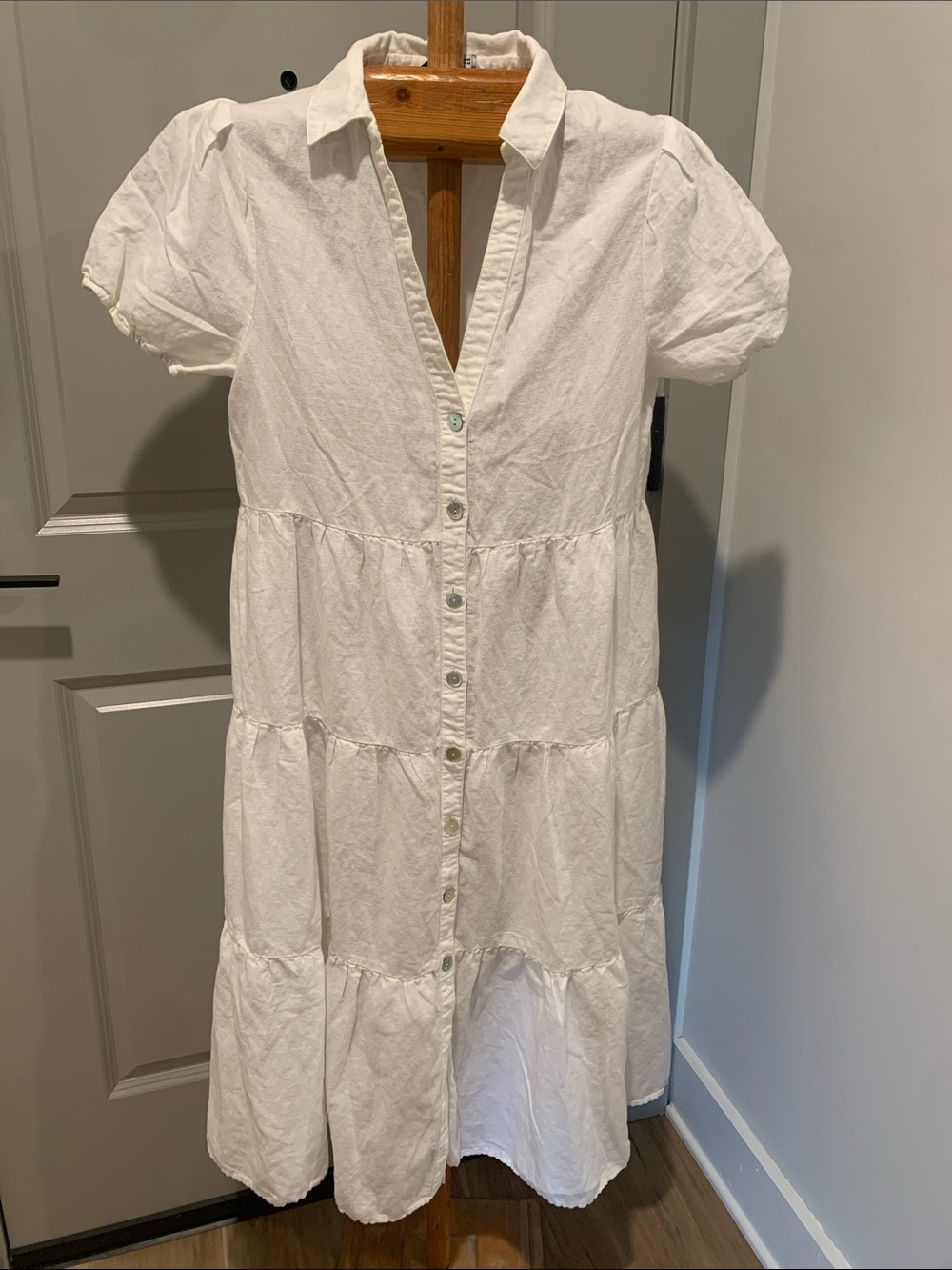 Zara White Linen Cotton Blend Tiered Button-Front Midi Dress XL